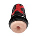 Beige lifelike anal stroker sleeve with black and red textured outer casing for discreet use and easy cleaning.