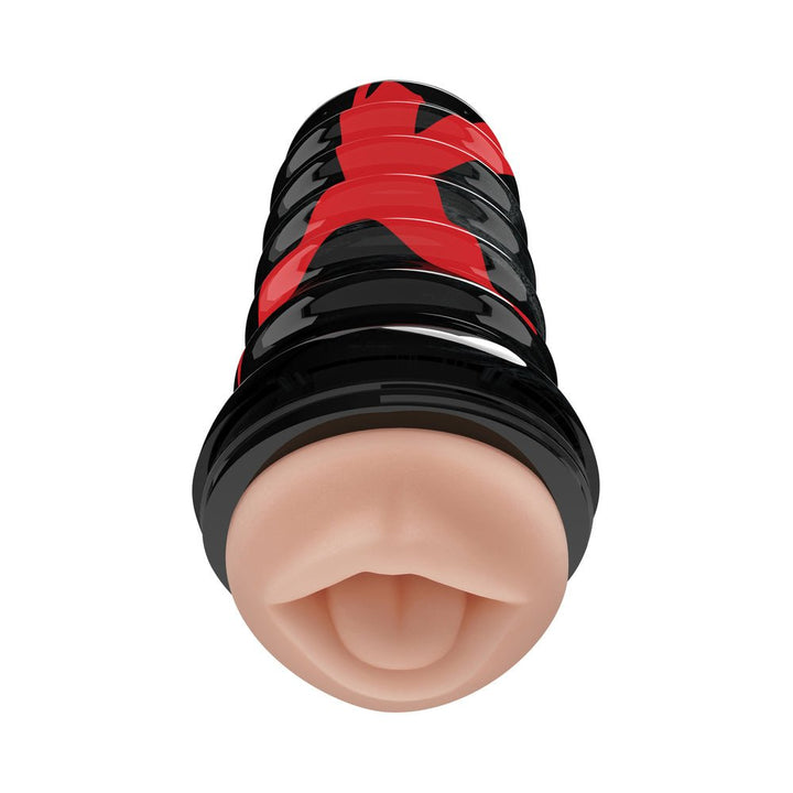 PDX Elite Air Tight Oral Stroker in beige with black and red outer casing, featuring a realistic oral design.