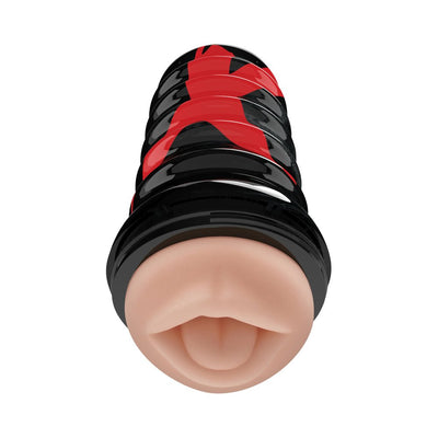 PDX Elite Air Tight Oral Stroker in beige with black and red outer casing, featuring a realistic oral design.