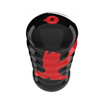Black and red PDX Elite Air Tight Oral Stroker with suction control knob on top, sleek ergonomic design.