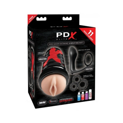 PDX ELITE Ass-gasm Vibrating Kit packaging showing stroker, vibrating anal plug, silicone rings, and prep kit bottles.