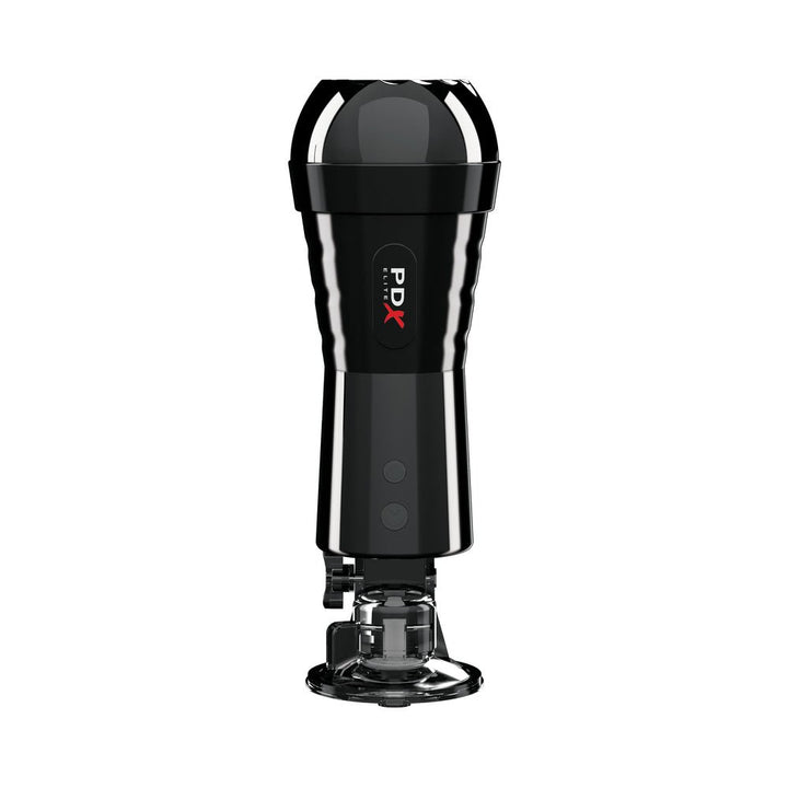 Black PDX Elite vibrating stroker with adjustable suction base and sleek ergonomic design.