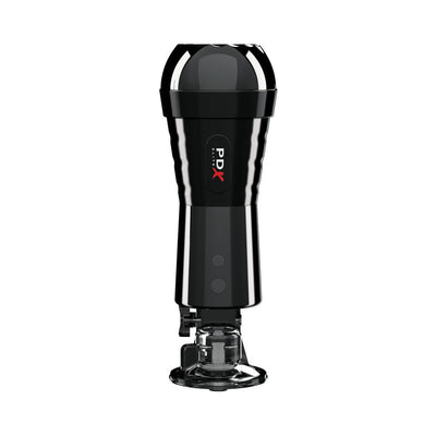 Black PDX Elite vibrating stroker with adjustable suction base and sleek ergonomic design.