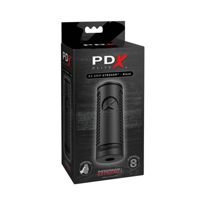 PDX Elite EZ Grip Stroker in black packaging with textured grip design and branding details visible.