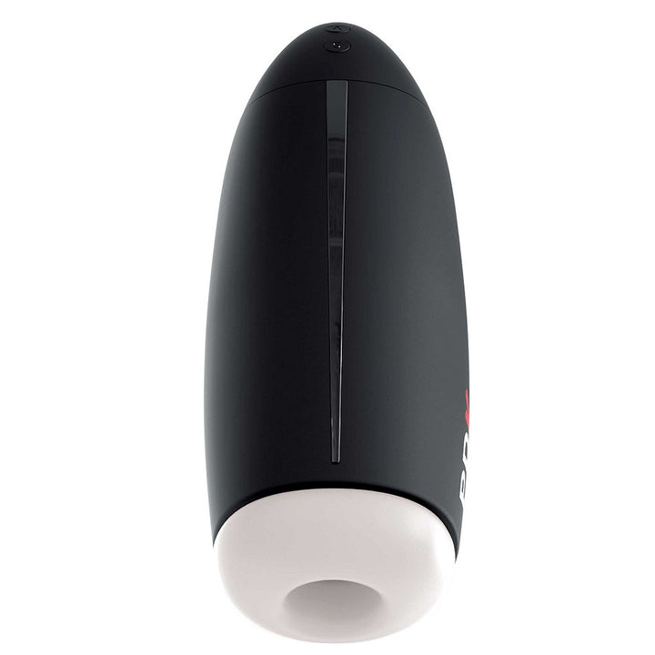 Black PDX Elite FAP-O-MATIC Stroker with white soft sleeve and control buttons on top, sleek ergonomic design.