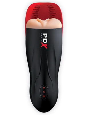 Black and red PDX Elite Fuck-O-Matic stroker with realistic flesh-toned opening and control buttons on the front.