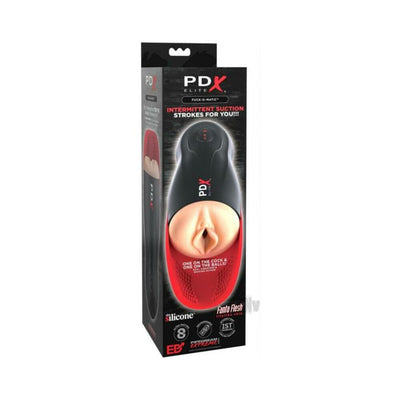 Packaging of PDX Elite FUCK-O-MATIC Stroker featuring the product image and key features on a black and red box.