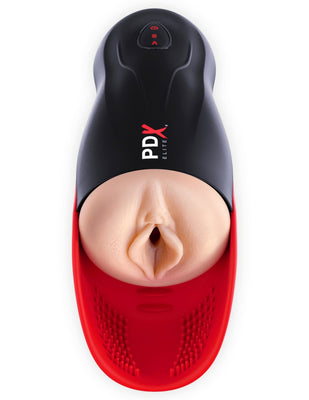Top view of PDX Elite Fuck-O-Matic Stroker with lifelike vaginal opening and textured red base for enhanced stimulation.