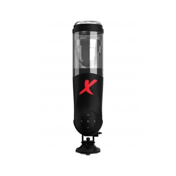 PDX ELITE Mega-Bator hands-free automatic stroker with control pad and suction base in black and clear design.