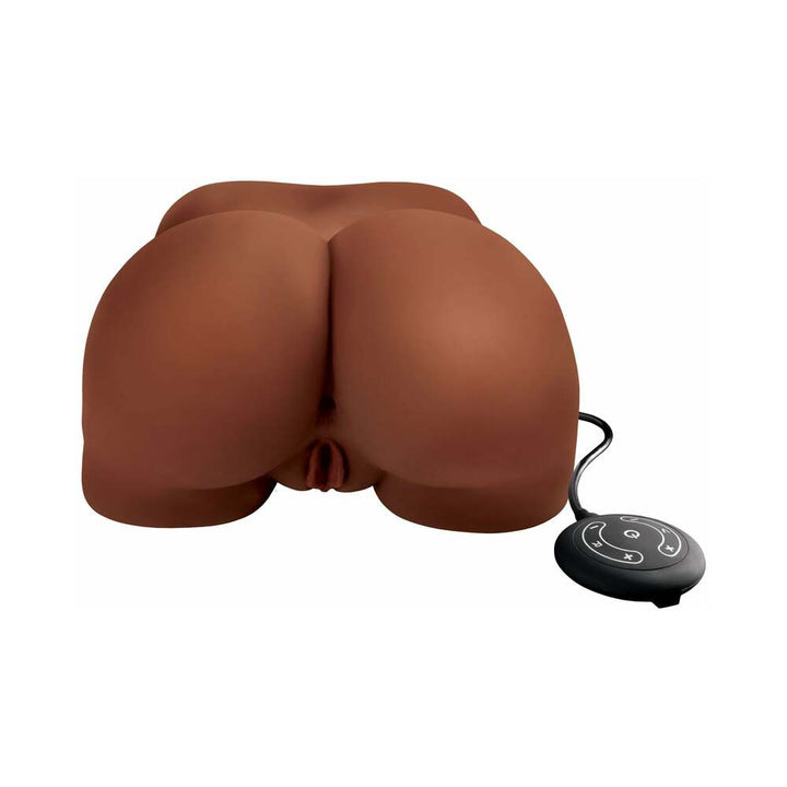 Brown realistic dual-motor masturbator with remote control, designed for intense vibration and gyration stimulation.