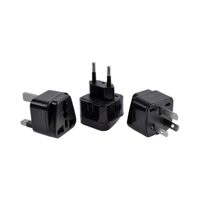 Set of three black international travel plug adapters for use with the PDX Elite Milk-Me-Silly Mega Masturbator power adapter.