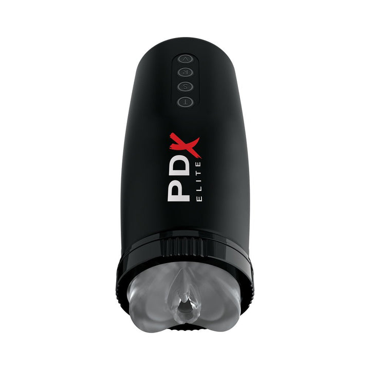 Black PDX Elite Moto Bator 2 with control buttons and soft transparent sleeve for customizable hands-free pleasure.