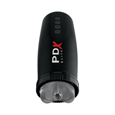 Black PDX Elite Moto Bator 2 with control buttons and soft transparent sleeve for customizable hands-free pleasure.