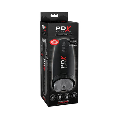 PDX Elite Moto Bator 2 in black packaging highlighting rechargeable, thrusting, vibrating, and suction features.