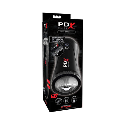 PDX Elite Moto Stroker in black packaging highlighting internal stroking action, rechargeable, thrusting, and vibrating features.