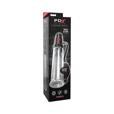 PDX Elite Suck-n-Pump Stroker in black and clear packaging with pump ball and measurement markings visible.