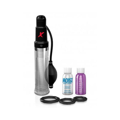 PDX Elite Suck-n-Pump Stroker with clear vacuum tube, black pump bulb, three silicone rings, and two small bottles of lotion.