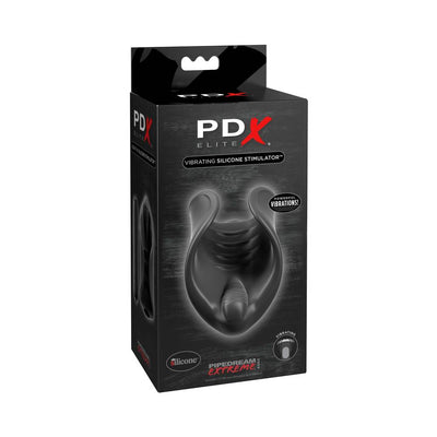 PDX ELITE Vibrating Silicone Stimulator in black packaging with product image and branding details.