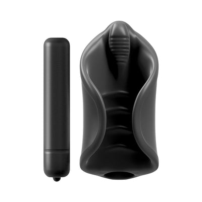 Black vibrating silicone stimulator with textured interior and separate slim bullet vibrator on white background.