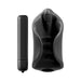 Black vibrating silicone stimulator with textured interior and separate slim bullet vibrator on white background.