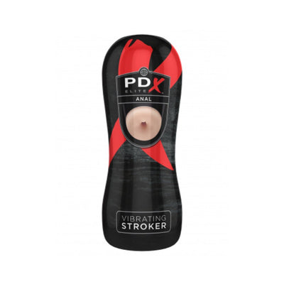 PDX ELITE Vibrating Stroker Anal in black and red packaging with a realistic anal design on the front.