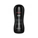Black PDX ELITE Vibrating Stroker Anal sleeve with curved ergonomic design and discreet branding on the surface.