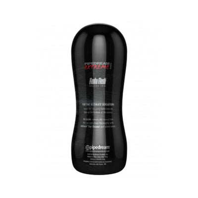 Black Pipedream Extreme vibrating stroker sleeve with curved ergonomic design and printed branding details.
