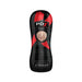 PDX ELITE Vibrating Stroker Pussy in black packaging with red accents and product window showing sleeve detail.