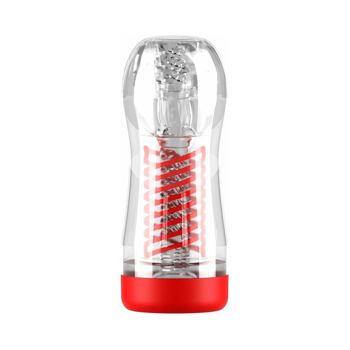 Transparent male stroker with red spiral compression design and red base, Pdx Elite Viewtube 2 model.