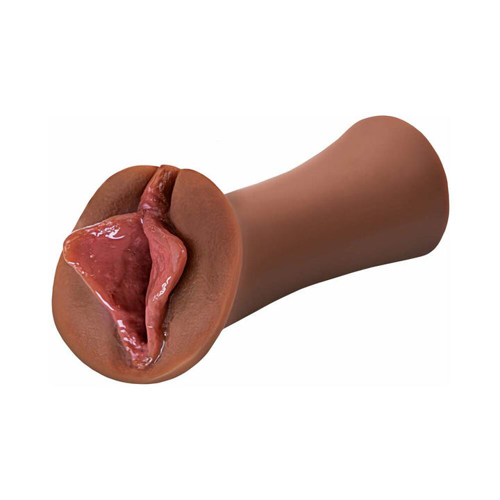 Brown realistic textured male stroker toy with self-lubricating interior and lifelike design.