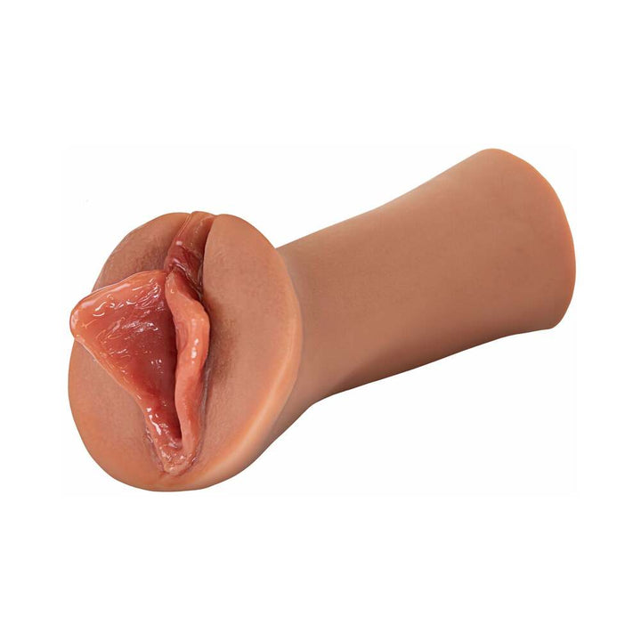 Tan self-lubricating male stroker with realistic textured interior and lifelike lips design.