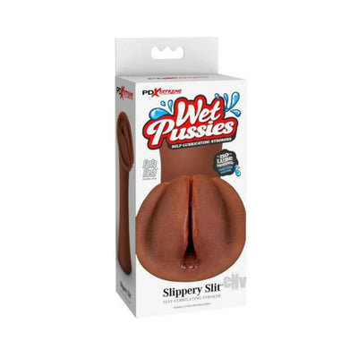 Packaging of PDX Extreme Wet Pussies Slippery Slit self-lubricating stroker in brown realistic material.