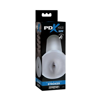 PDX Male Pump & Dump Stroker in black packaging featuring a squeezable, lifelike Fanta Flesh sleeve.