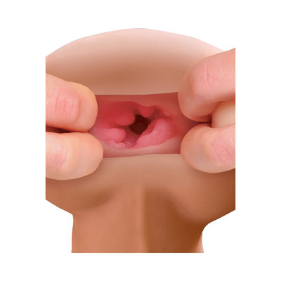 Close-up of hands stretching the soft, textured interior opening of a male stroker toy.