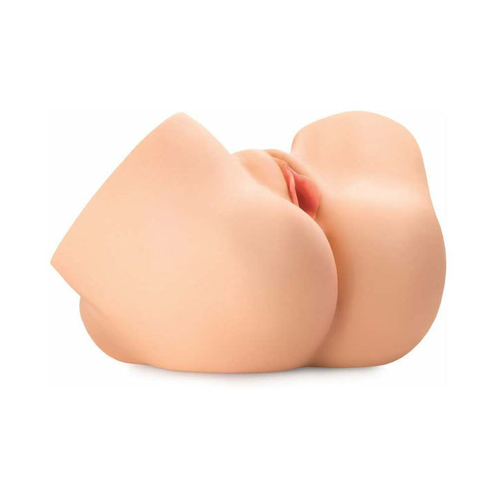 Life-size realistic masturbator with detailed skin texture in a light flesh tone, designed for versatile use.