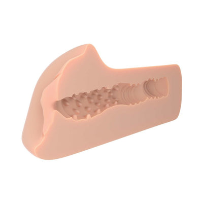 Cross-section view of PDX Plus Dream Stroker Light showing textured internal tunnel and soft flesh-colored material.