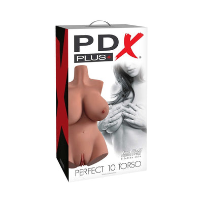 Packaging box for PDX Plus Perfect 10 Torso life-size masturbator featuring a realistic torso image and branding details.