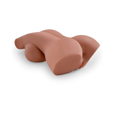 Life-size torso masturbator in realistic skin tone with detailed front and back features, designed for versatile use.