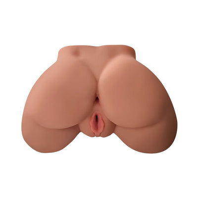 Life-size realistic masturbator with detailed soft skin texture and dual openings for varied pleasure.