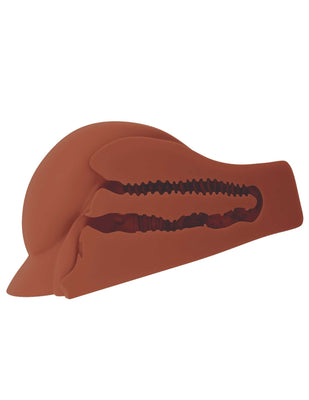 Cross-section view of a brown life-size PDX Plus Perfect Ass XL masturbator showing dual textured internal tunnels.