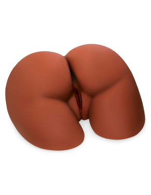 Brown life-size realistic silicone masturbator with detailed curves and dual openings for varied stimulation.