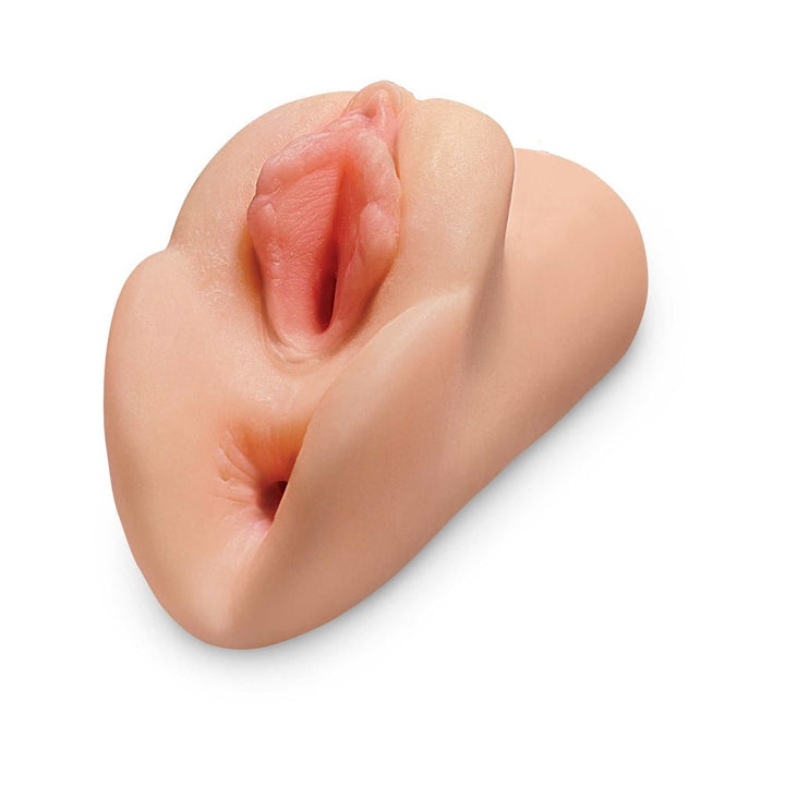 Compact double-ended stroker with lifelike texture and realistic design in soft flesh tone.
