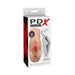 Packaging of PDX Plus Perfect Pussy Double Stroker with lifelike skin texture and product branding on white background.