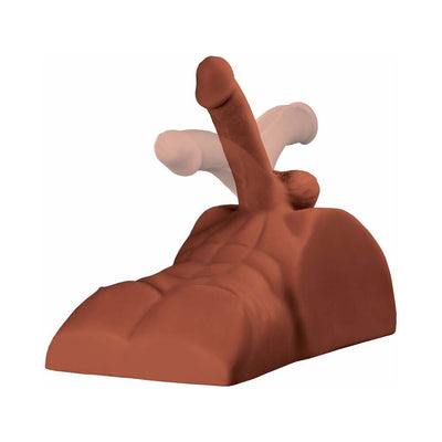 Brown life-size male torso masturbator with posable erect feature on white background.