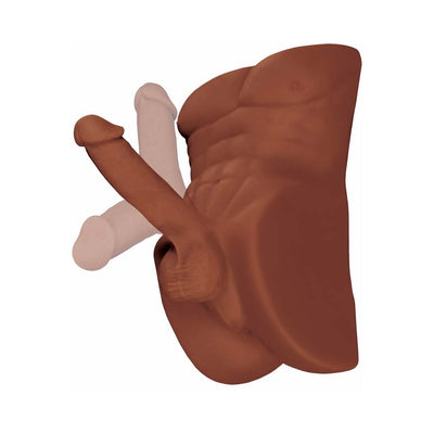 Life-size brown torso masturbator with posable 6-inch dildo and detailed sculpted muscles.