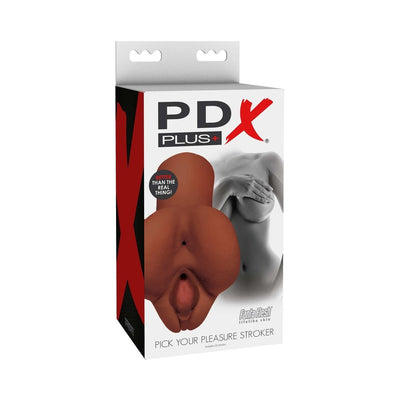 Packaging of PDX Plus Pick Your Pleasure Stroker featuring dual-entry design and lifelike skin texture illustration.
