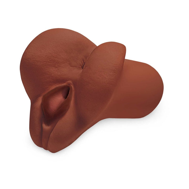 PDX Plus Pick Your Pleasure Stroker in rich brown with dual openings and realistic skin texture.