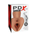PDX Plus Pick Your Pleasure XL stroker in brown with dual openings, packaged in branded box with product image and size details.