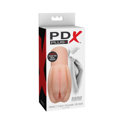 PDX Plus Pleasure Stroker Light in retail packaging featuring lifelike skin texture and discreet design.