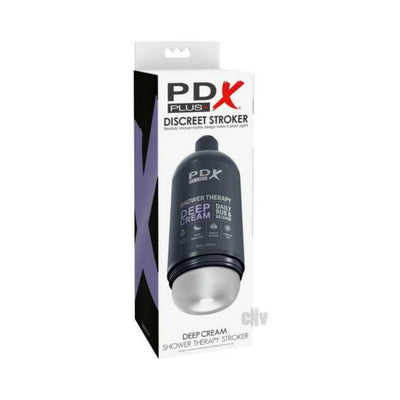 PDX Plus Shower Therapy Deep Cream Frosted discreet stroker in shampoo bottle packaging for privacy and hands-free use.